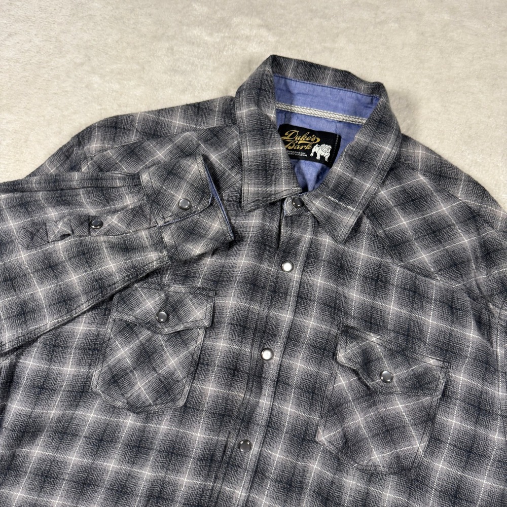 Duke's Bark Shirt Mens XL Grey Plaid Western Pearl Snap Long Sleeve Flannel Yoke